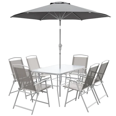 Outsunny 8 Piece Patio Dining Set with Table Umbrella, 6 Folding Chairs and Rectangle Dining Table, Grey