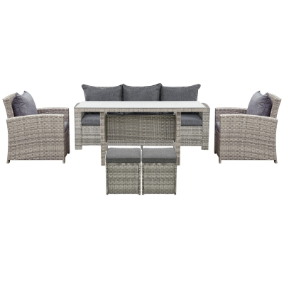 Outsunny 6 Pcs Patio Furniture Set, Rattan Outdoor Furniture Set with 3 Seater Sofa, Armchairs, Footstools and Table, Dark Grey