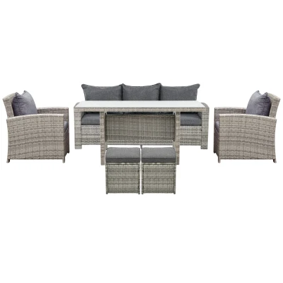 Outsunny 6 Pcs Patio Furniture Set, Rattan Outdoor Furniture Set with 3 Seater Sofa, Armchairs, Footstools and Table, Dark Grey