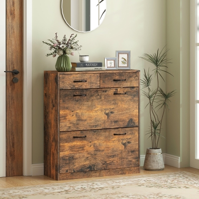 HOMCOM Narrow Shoe Storage with 2 Flip Drawers and Adjustable Shelves Shoe Organizer Cabinet for 12 Pairs of Shoes, Brown