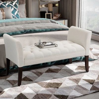 HOMCOM Upholstered Tufted Bedroom Bench with Arms, Cream White