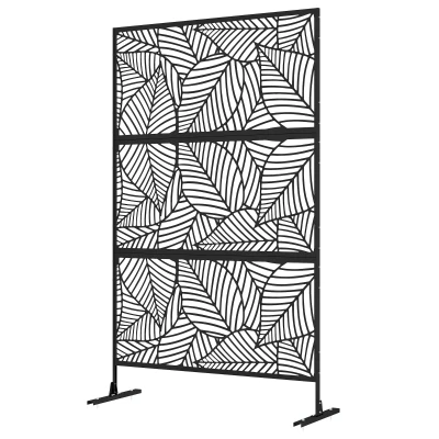 Outsunny 6.5FT Decorative Outdoor Divider, Metal Privacy Screen with Stand, Large Leaf Style, Black