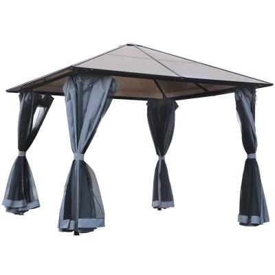 Outsunny 9.8' x 9.8' Garden Aluminium Gazebo Hardtop Roof Canopy Marquee Party Tent Patio Outdoor Shelter with Mesh Curtains & Side Walls, Grey