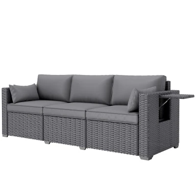 Outsunny 3 Seater Wicker Patio Sofa with Side Trays, Outdoor Couch with 6" Thick Back Cushions, Deep Seating, Grey
