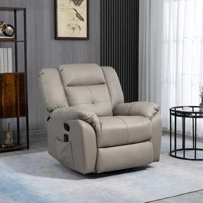 HOMCOM 8-Point Vibration Massage Recliner Chair for Living Room, PU Leather 360° Swivel Manual Reclining Sofa Rocking Chair with Remote Control, Side Pockets, Grey