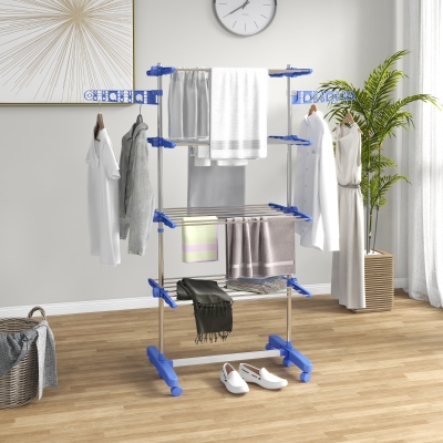 HOMCOM Garment Drying Rack Stainless Steel Folding Clothes Hanging Rack with Side Wings Castors for Indoor Outdoor Blue