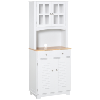 HOMCOM Coastal Style Kitchen Buffet and Hutch Wooden Storage Cupboard with Framed Glass Door LouveredCabinet  Drawers Microwave Space for Dining Room  Living Room  White