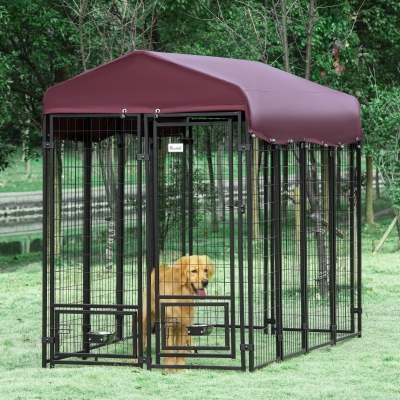 PawHut Outdoor Dog Kennel, Lockable Pet Playpen Crate, Welded Wire Steel Fence, Rotating Bowl Holders, Red