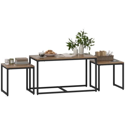 HOMCOM Nesting Coffee Table Set of 3, Modern End Tables with Black Metal Frame for Living Room Home Furniture, Brown
