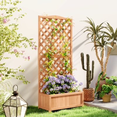 Outsunny Wood Planter with Trellis for Vine Climbing, Raised Garden Bed to Grow Vegetables for Backyard, 30" x 14" x 67", Brown