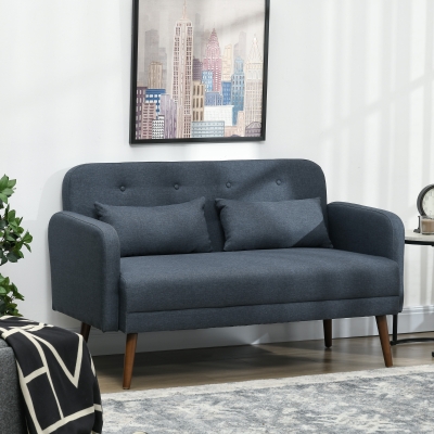 HOMCOM 53" 2 Seat Sofa, Modern Love Seats Furniture, Upholstered 2 Seater Couch with Throw Cushions, Solid Wood Frame, Blue