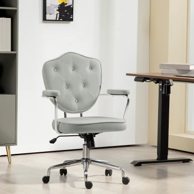 HOMCOM Tufted Velvet Swivel Office Chair, Gray