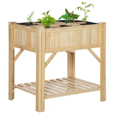 Outsunny 6 Pocket Raised Garden Bed, Elevated Wood Planter Box with Storage Shelf and Non-Woven Fabric, for Vegetable, Flower, Herb in Patio, Backyard, Balcony