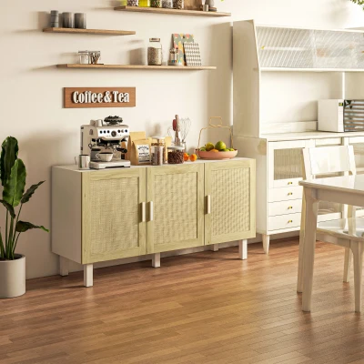 HOMCOM Boho Kitchen Buffet Cabinet with Rattan Doors, White/Natural