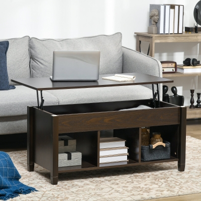 HOMCOM Lift Top Coffee Table with Hidden Storage Compartment and 3 Lower Shelves, Pop-Up Center Table for Living Room, Espresso