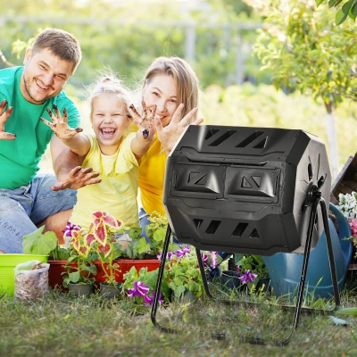 Outsunny 43 Gallon Dual Chamber Compost Bin, Rotating, Black