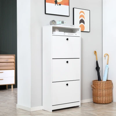 HOMCOM Slim Shoe Rack with 3 Fold-Out Drawers, White