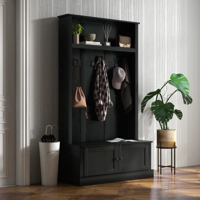 HOMCOM Entryway Bench with Coat Rack, Black Hall Tree