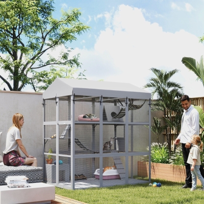 PawHut 81"H Catio Outdoor with Floor to Prevent Escaping & Easy Cleaning, for 2-4 Cats Kittens, Grey