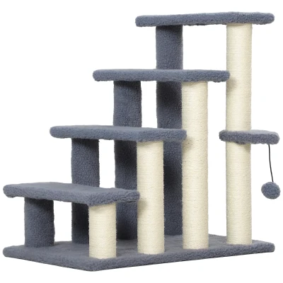 PawHut 4 Step Cat Tree Stairs with Cat Scratching Post, Jumping Platform, Toy Ball, Grey