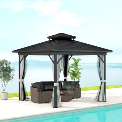Outsunny 10' x 10' Hardtop Gazebo, Sun Shelter with Double Tier Metal Roof, Mosquito Netting, and Hanging Hook, Light Grey