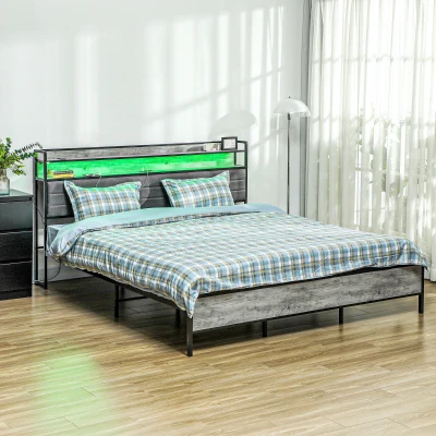 HOMCOM King Bed Frame with Storage, LED Lights, Cement Gray