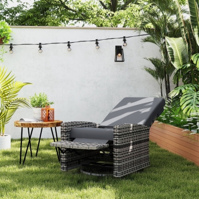 Outsunny Outdoor Rattan Wicker Lounge Chair with Footrest & Soft Cushion for Patio, Garden, Backyard, Grey