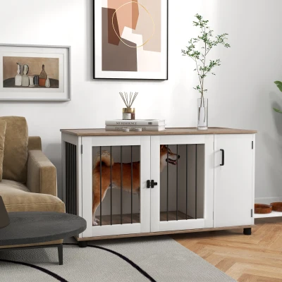 PawHut Dog Crate End Table with Storage, Double Doors