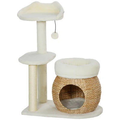 PawHut 31″ Cat Tree Tower with Scratching Posts, Cat Condo, Beds, Platform and Toy Ball for Indoor Cats, Cream White