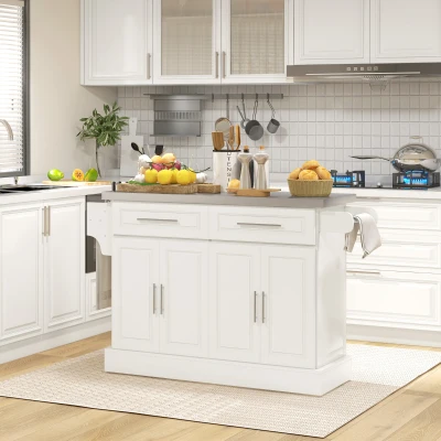 HOMCOM Rolling Kitchen Island with Stainless Steel Top, Cabinets, White