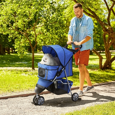 PawHut 3 Wheels Foldable Dog Stroller with Storage Basket, Adjustable Canopy, Cupholder for Miniature and Small Dogs, Blue