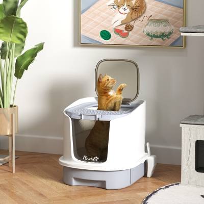 PawHut Enclosed Cat Litter Box with Lid, Scoop, Top Entry, Deodorization Bags, Drawer Type Cat Litter Tray, Easy to Clean, Grey