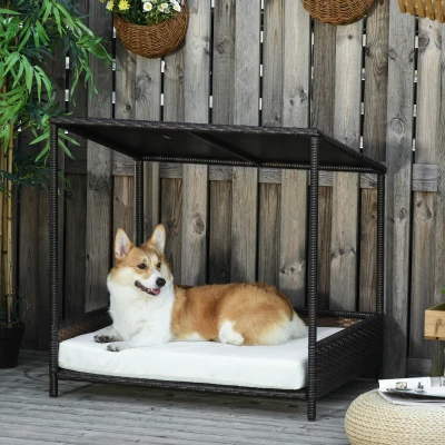 PawHut Wicker Dog House with Cushion, Brown