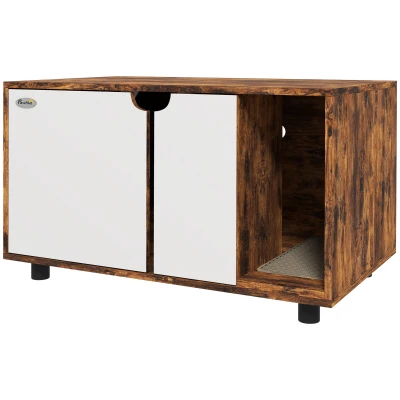 PawHut Hidden Cat Litter Box Enclosure with Double Doors and Sand Drain Pad, Rustic Brown