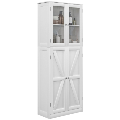 HOMCOM Tall Bathroom Storage Cabinet, Modern Bathroom Cabinet with Glass and Barn Doors, 5-Tier Floor Cabinet, White