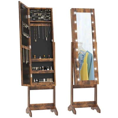 HOMCOM Free Standing Armoire Organizer, Lighted Mirrored Jewelry Cabinet w/ Angle Adjustable & 16 LED Lights Rustic Brown