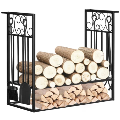 HOMCOM Heavy Duty Firewood Wood Log Rack Vintage Design Firewood Storage Shelf w/ 4 Tools, Black