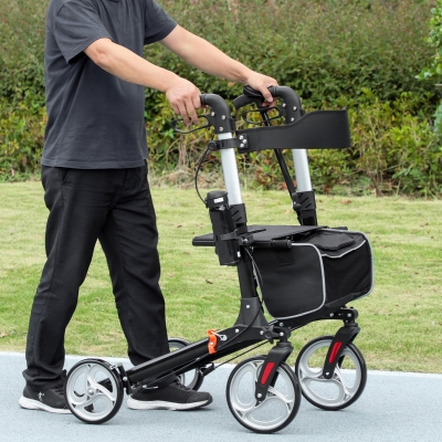 HOMCOM Lightweight Folding Rolling Walker with Large Seat, Back, Adjustable Handle, Bag, Dual Brake, Cane Holder, Black