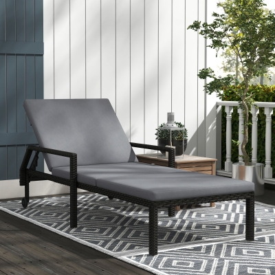 Outsunny Wicker Chaise Lounger with 5-Level Adjustable Backrest, Light Grey