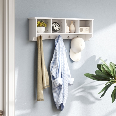 HOMCOM Coat Rack Wall Mount with Shelf, 28" Wall Coat Rack with 5 Hooks and 4 Compartments for Living Room, Entryway, White