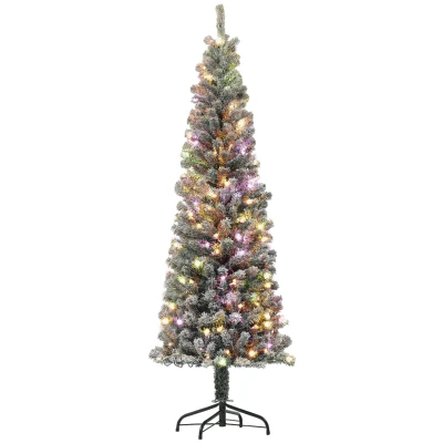 HOMCOM 6ft Prelit Pencil Artificial Christmas Tree, Flocked Xmas Tree with Remote, Dual Colour LEDs, 429 Tips, Metal Stand