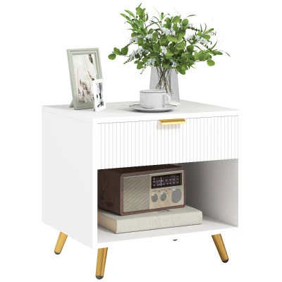 HOMCOM Nightstand with Fluted Panel, Bedside Table with Drawer and Open Compartment, Modern Night Table for Bedroom, White