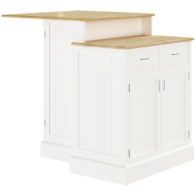 HOMCOM Kitchen Island with Storage, Rubber Wood Tabletop, White