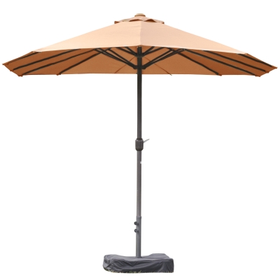 Outsunny 15' Outdoor Patio Umbrella with Twin Canopy Sunshade Steel Table Umbrella w/ Lift Crank, Cross base, Sandbag, Brown