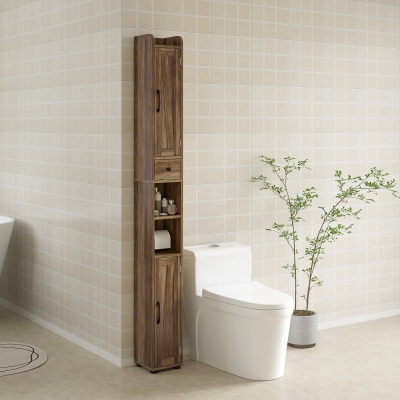 HOMCOM Narrow Bathroom Cabinet, Tall Bathroom Storage Cabinet with Barn Doors, Drawer and Adjustable Shelves, Brown Wood Grain