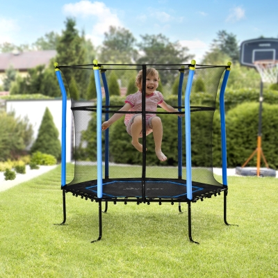 Soozier 63" Kids Trampoline Mini Indoor Bouncer Jumper with Enclosure Net Elastic Thick Padded Pole Gift for Child Toddler Age 3-10 Years Old Blue
