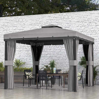 Outsunny 10' x 10' 2-Tier Outdoor Gazebo Canopy Tent with Zippered Mesh Sidewalls, Aluminum Frame for Patio, Backyard Light Grey