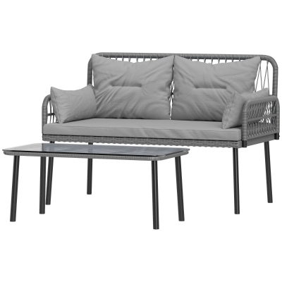 Outsunny 2 Pieces Wicker Patio Furniture Set, Small Patio Seat with Outdoor Loveseat, Glass Top Table and Cushions, Light Grey