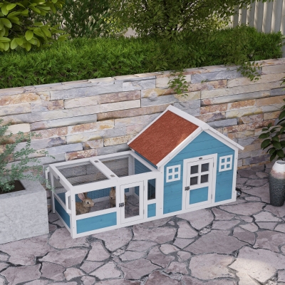 PawHut Rabbit Hutch Outdoor with Asphalt Roof, Handle, Wheels, 64" x 23.3" x 30.6", for Small Animals, Blue