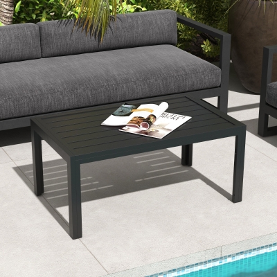 Outsunny Outdoor Coffee Table, Rectangular Patio Table with Steel Frame and Slat Tabletop for Garden, Balcony, Black